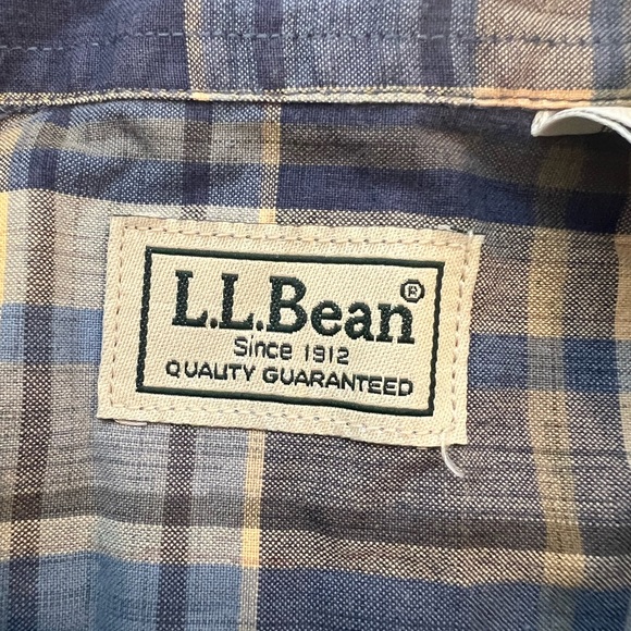 LL Bean Plaid Button Down Shirt Size Large TALL Short Sleeve Dusty Blue Tan - Picture 7 of 8